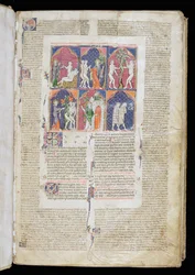 Ms. 262, f.1r: Sechs Szenen der Schöpfung und des Falls aus Gratians Decretum, ca. 1300